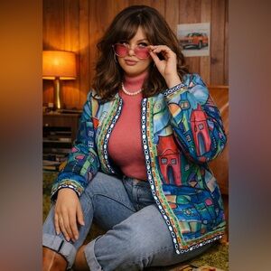 Colorful Artistic Open-Front Cardigan L/XL | Abstract Print Statement Layer